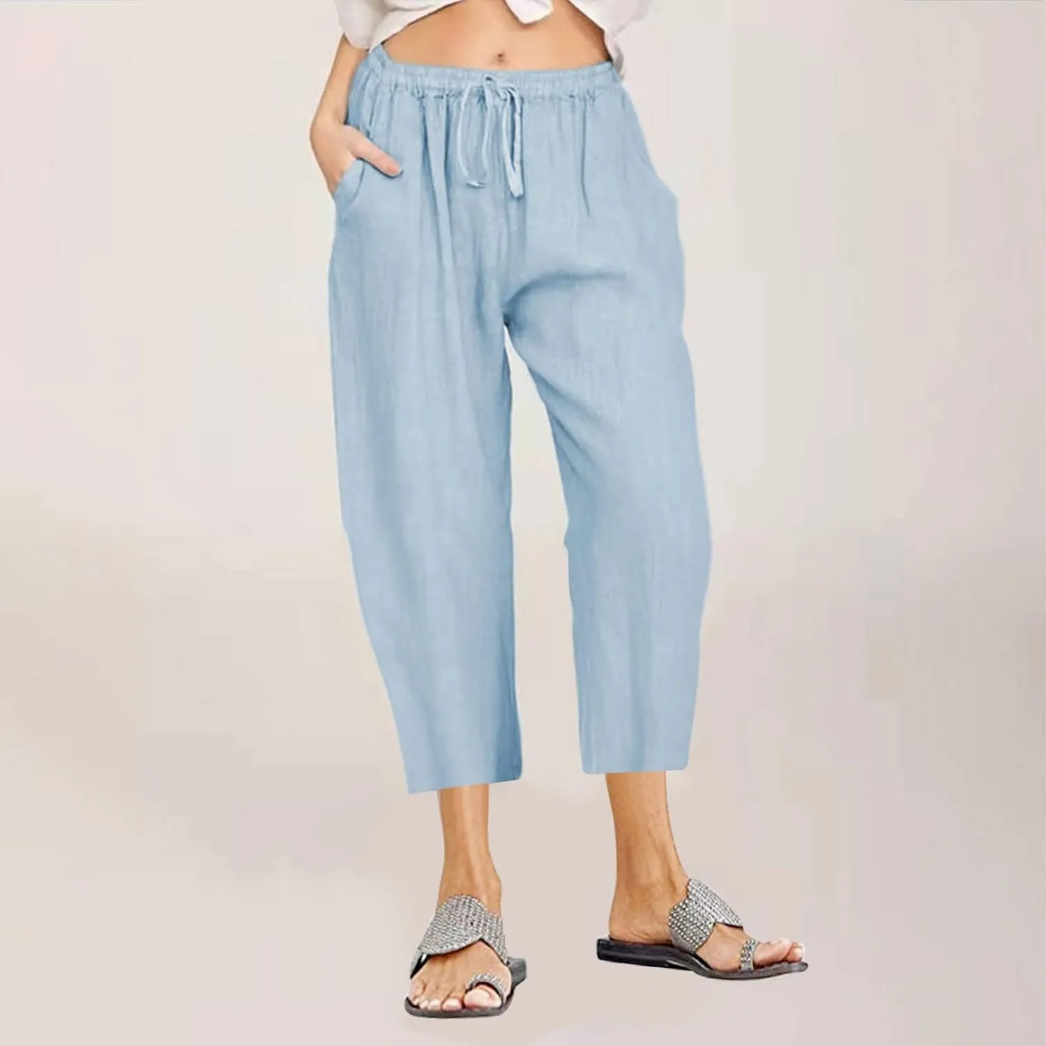 Womens Linen Summer Trendy Palazzo Lounge Pants Elastic Waisted Baggy Stretchy Slim-Fit Pants Business Work
