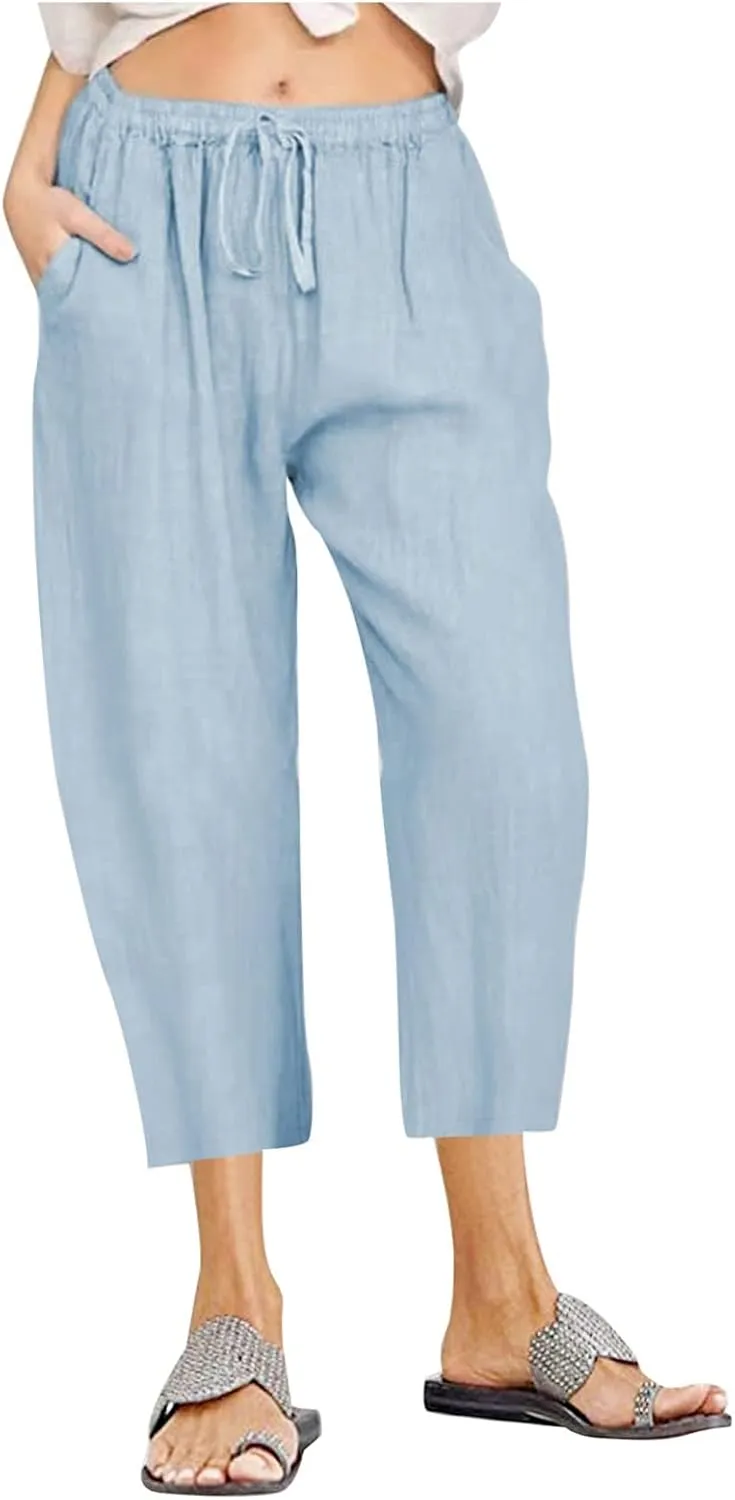 Womens Linen Summer Trendy Palazzo Lounge Pants Elastic Waisted Baggy Stretchy Slim-Fit Pants Business Work