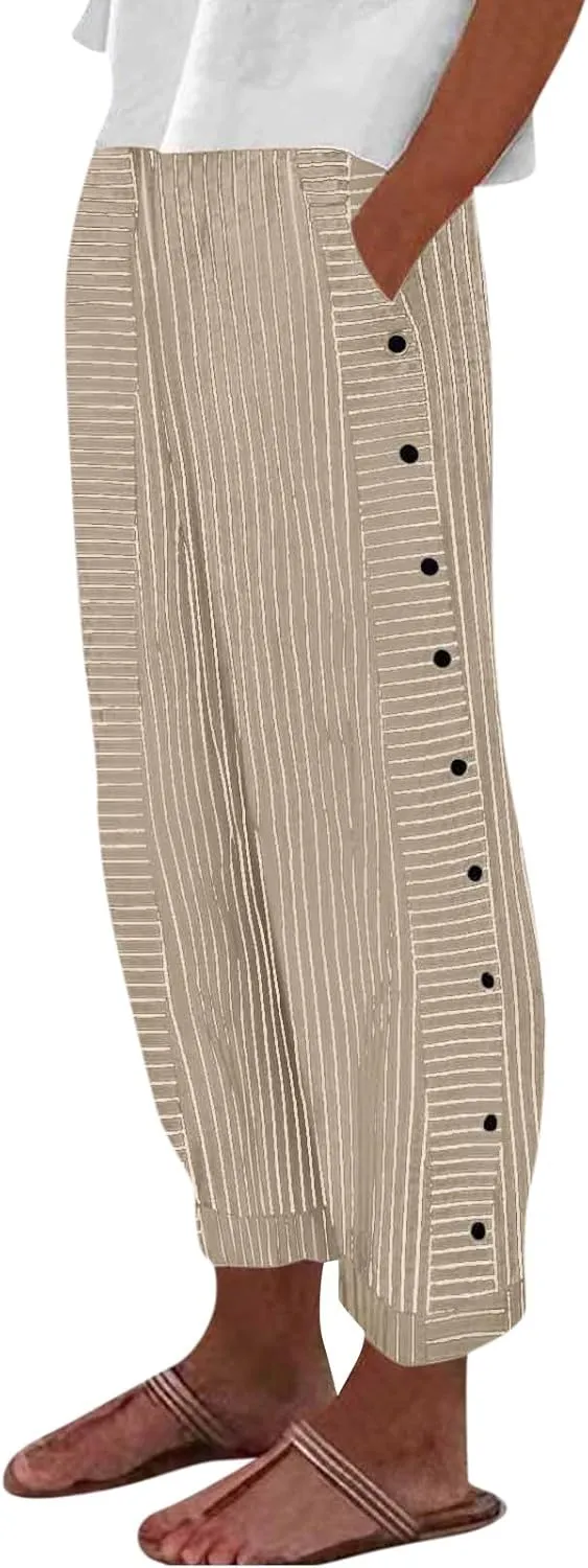 Womens Pants, Casual Pants Peasant Print Straight Leg Linen Drawstring Stretchy High