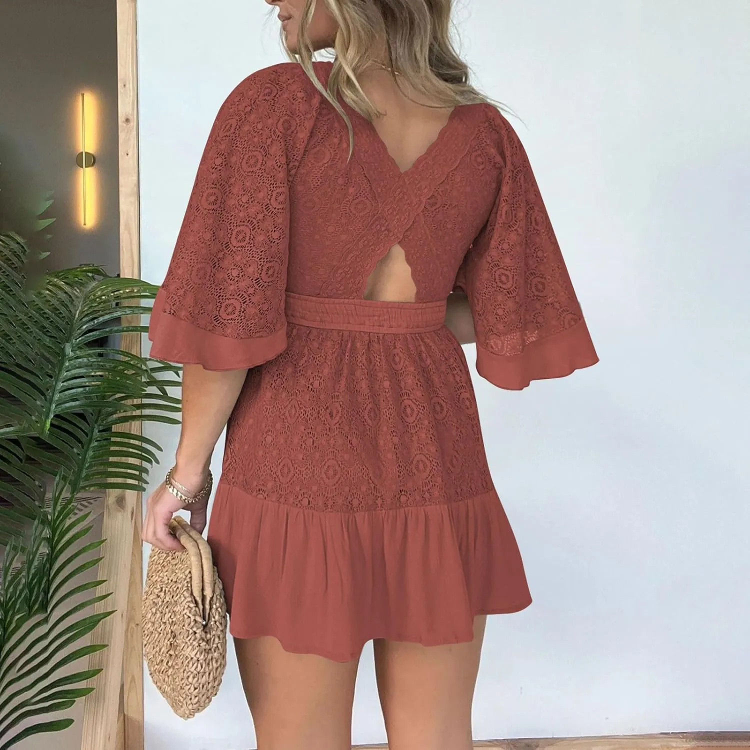Womens Summer Dresses 2025 Vintage Short Sleeve V Neck Wrap Mini Dress Casual Ruffled Hem A-Line Flowy Beach Dress